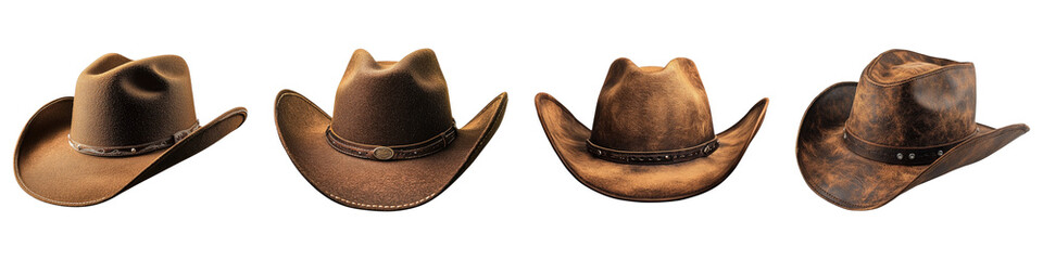 Brown cowboy hat isolated on transparent background. PNG, Set of