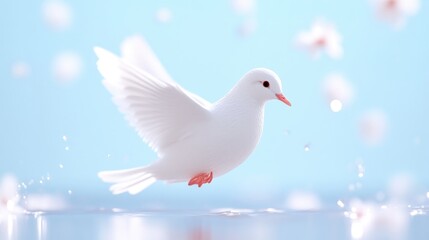 Fototapeta premium A white dove, wings outstretched, gracefully lands on water. Soft, pastel colors and a blurred background create a serene mood. The image is digitally rendered, high-quality, and features soft light