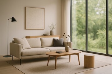 Modern Living Room With Elegant Decor and Large Windows Offering a View of Greenery