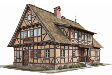 Charming Traditional German Half Timbered House with Thatched Roof and Detailed Exterior