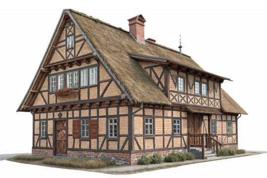 Charming Traditional German Half Timbered House with Thatched Roof and Detailed Exterior