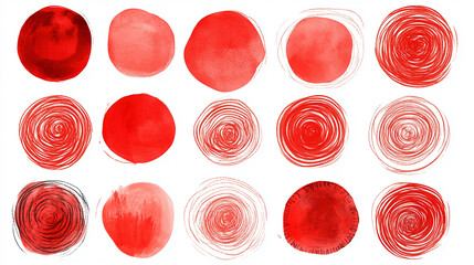 Collection of various red watercolor circles with different textures and styles on white background.