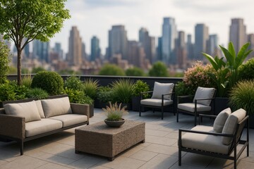 Modern Outdoor Lounge Area With City Skyline View in the Background During Late Afternoon