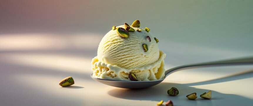 Creamy pistachio ice cream scoop with crunchy pistachio pieces on a metal spoon in soft lighting.