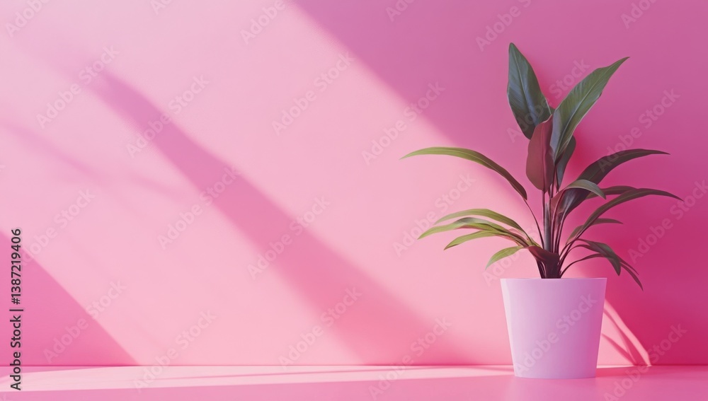 Poster pink background with the shadows of a potted plant on the wall, creating a fresh and vibrant scene.