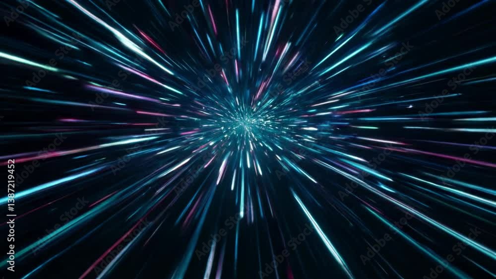 Poster high-speed light trail animation, creating a dynamic and futuristic backdrop. The red and blue light motion trails convey a sense of fast movement and modern technology. 
