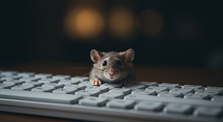 Mouse using computer keyboard on table for web content. Cute brown mouse on keyboard writing, surfing internet, working online from workplace, small rodent pet