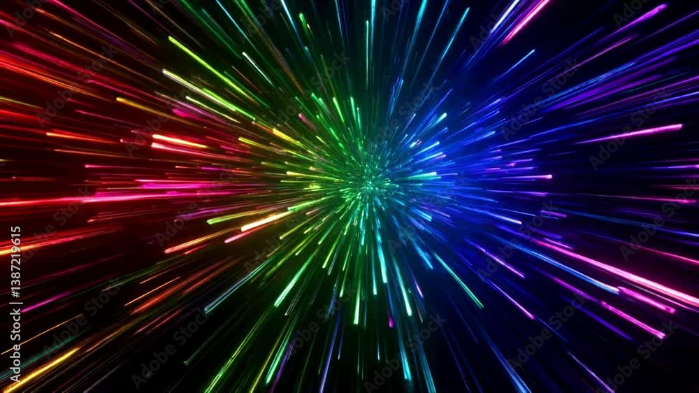 Poster high-speed light trail animation, creating a dynamic and futuristic backdrop. The red and blue light motion trails convey a sense of fast movement and modern technology. 