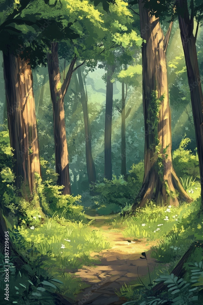 Poster forest path with sunlight filtering through trees creating a serene