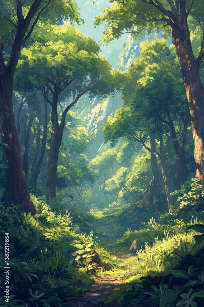 Poster forest scene with sunlight filtering through trees creating a peaceful