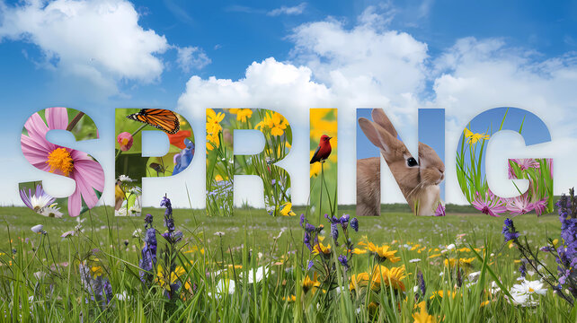 Letters spelling spring with colorful nature images inside the letters, photo