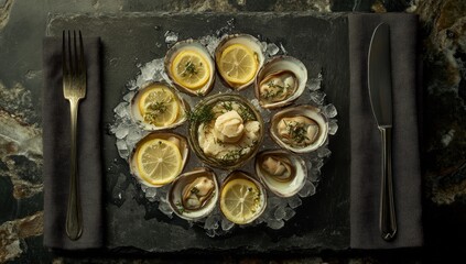 Elegant overhead gourmet presentation of steamed clams with lemon and herb butter on slate platter
