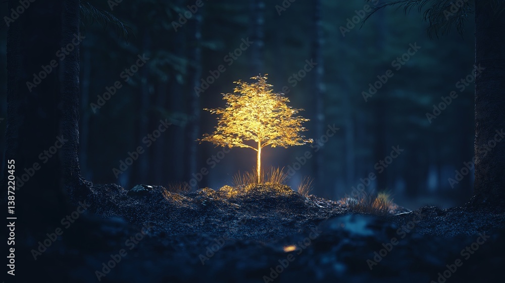 Aufkleber A minimalist forest scene with a single illuminated tree