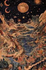 Obraz premium Fantasy landscape with mountains river moon stars and celestial bodies