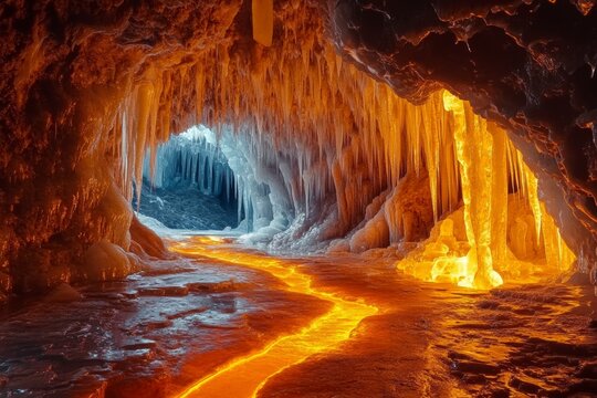Surreal crystal ice cavern  stalactites and glassy floor illuminated by orange lava channels - Powered by Adobe