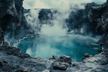 Obraz premium Close up of geothermal lake with turquoise water, black lava rock, and reflections of a pale sky