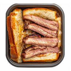 Sliced Brisket Sandwich on Toasted Bread with Savory Toppings in Takeout Container