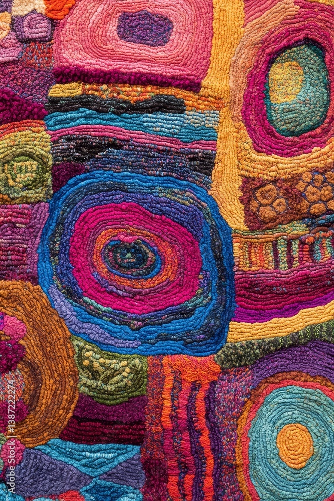 Aufkleber colorful abstract textile art with circular and square patterns close-up.