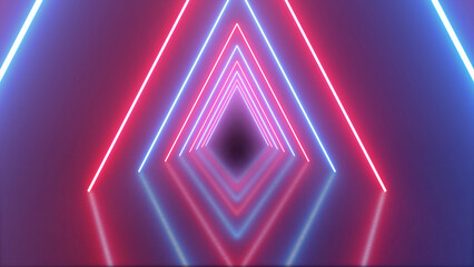 Futuristic glowing neon laser lightning tunnel. Abstract neon background, flying forward through triangular corridor, tunnel