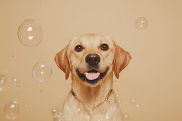 labrador retriever dog joyfully surrounded by bubbles against beige background