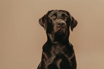 black Labrador retriever sits against neutral background, looking attentive. small bottle with pointed cap is visible beside dog
