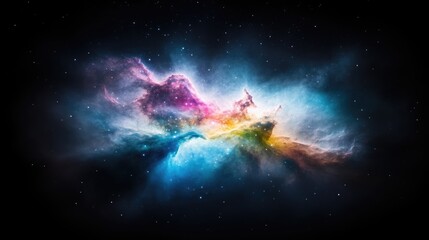 Vibrant nebula with colorful cosmic dust clouds in deep space, ethereal and luminous, and dark background highlighting the bright explosion of colors.
