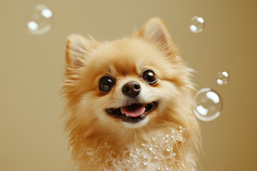 fluffy Pomeranian dog joyfully surrounded by bubbles, showcasing its playful and adorable nature