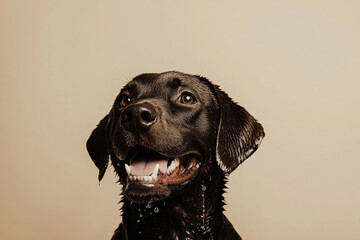 happy black Labrador retriever with wet fur looks up against plain background