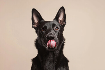 playful black dog with its tongue out against neutral background, showcasing its shiny coat and alert expression