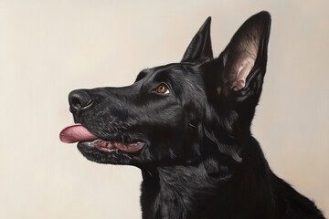 black German Shepherd with its tongue out looks upward against neutral background, showcasing its shiny coat and alert expression