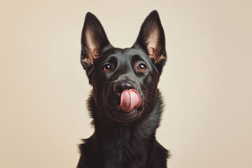 black German Shepherd with its tongue out against beige background, looking playful and curious