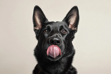 black German Shepherd with its tongue out, looking playful against neutral background. dog ears are perked up, adding to its alert expression