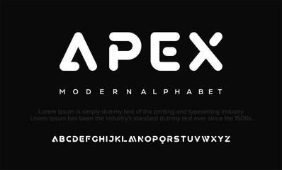 Apex Creative simple modern urban alphabet font. Digital abstract futuristic, logo, music, sport, minimal technology typography. Simple numeric vector illustration