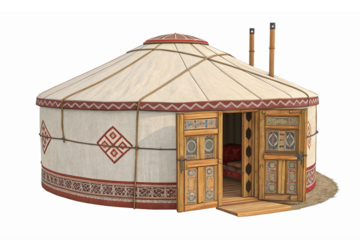 Traditional Yurt Structure with Decorative Elements and Open Doors for Cultural and Travel Themes