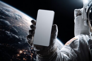 Astronaut in space with smartphone against earth background   sci fi concept mockup