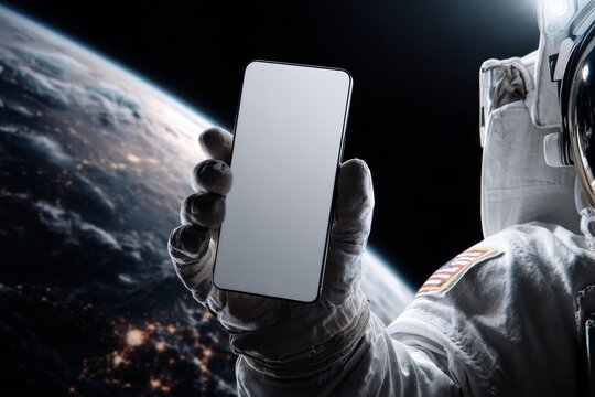 Astronaut in space with smartphone against earth background sci fi concept mockup
