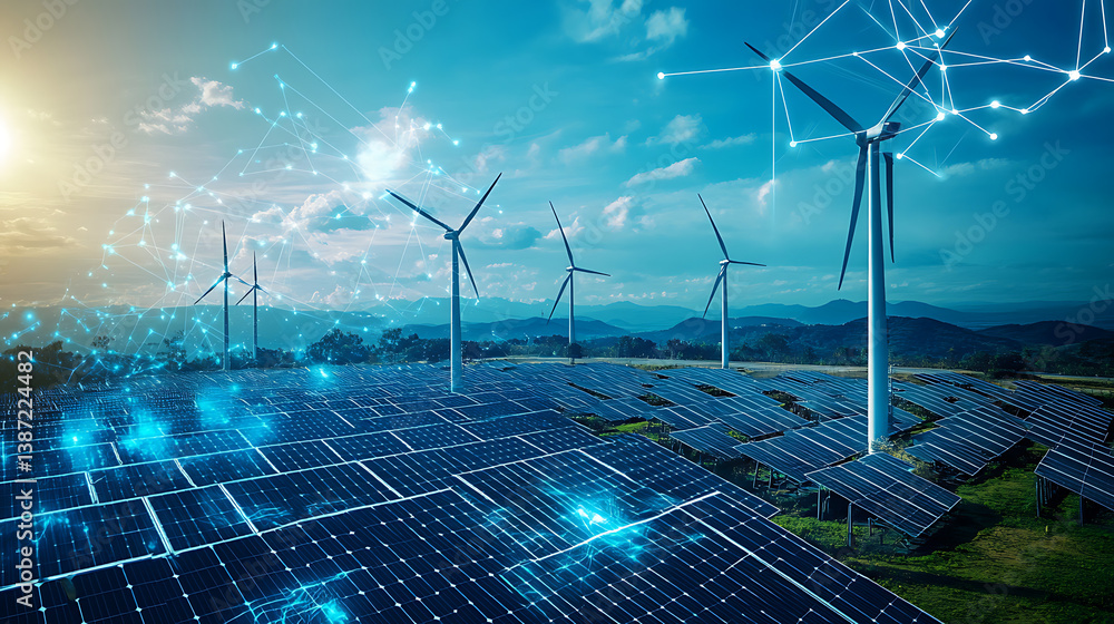 Poster an ai powered system optimizing renewable energy production by analyzing weather patterns, energy co