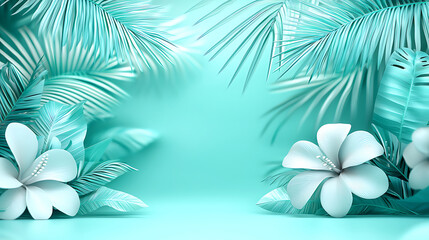 Lush turquoise tropical foliage frames a soft light-filled backdrop with elegant hibiscus flowers in a serene and inviting scene.