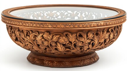 Elegant Wooden Bowl with Intricate Floral Carvings and Glass Top