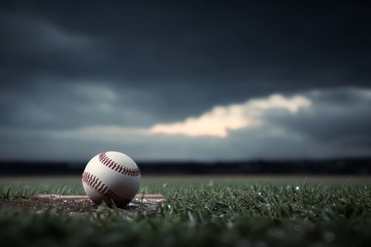 A solitary baseball on third base under moody lighting, symbolizing unfinished sports stories.