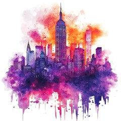 Watercolor style cityscape featuring towering buildings against a vibrant colorful sky blending orange pink and purple hues.