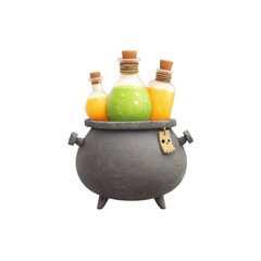 Halloween cauldron with potion bottles. Concept of halloween, magic, and witchcraft.