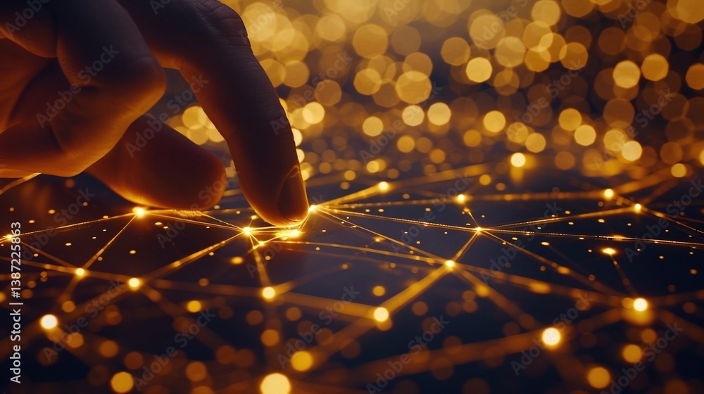 Poster a hand touching a glowing network of interconnected nodes, symbolizing technology and innovation