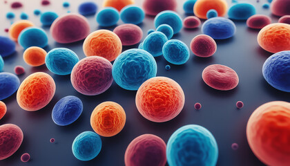 A vibrant close-up of colorful microbial cells showcasing intricate details, highlighting the diversity and beauty of microscopic life in a unique way.