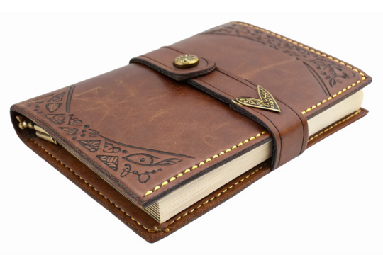Vintage Leather Journal with Intricate Designs and Closure for Writing and Note Taking