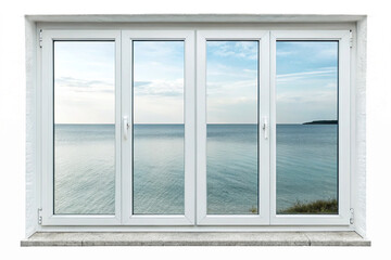 Fototapeta premium Elegant White Frame Window Showcasing Stunning Seascape View with Clear Blue Sky