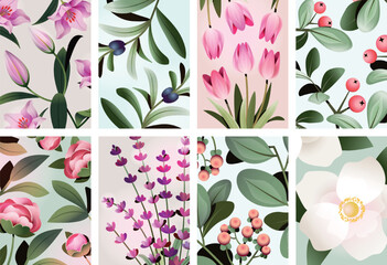 Colorful floral posters showcasing various types of flowers and leaves in a natural arrangement. Attractive and harmonious botanical design.