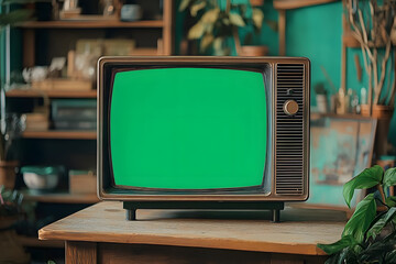 Old vintage tv with green screen standing on table in cozy living room