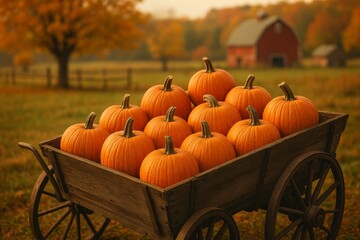 Harvest Time Features a Cart Filled With Pumpkins Against a Rustic Barn Backdrop