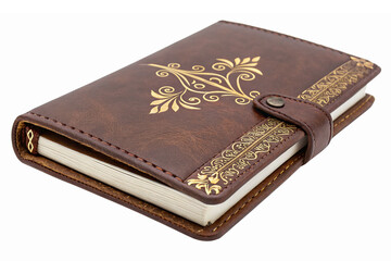 Fototapeta premium Elegant Leather Bound Journal with Gold Floral Design and Closure for Writing and Note-taking